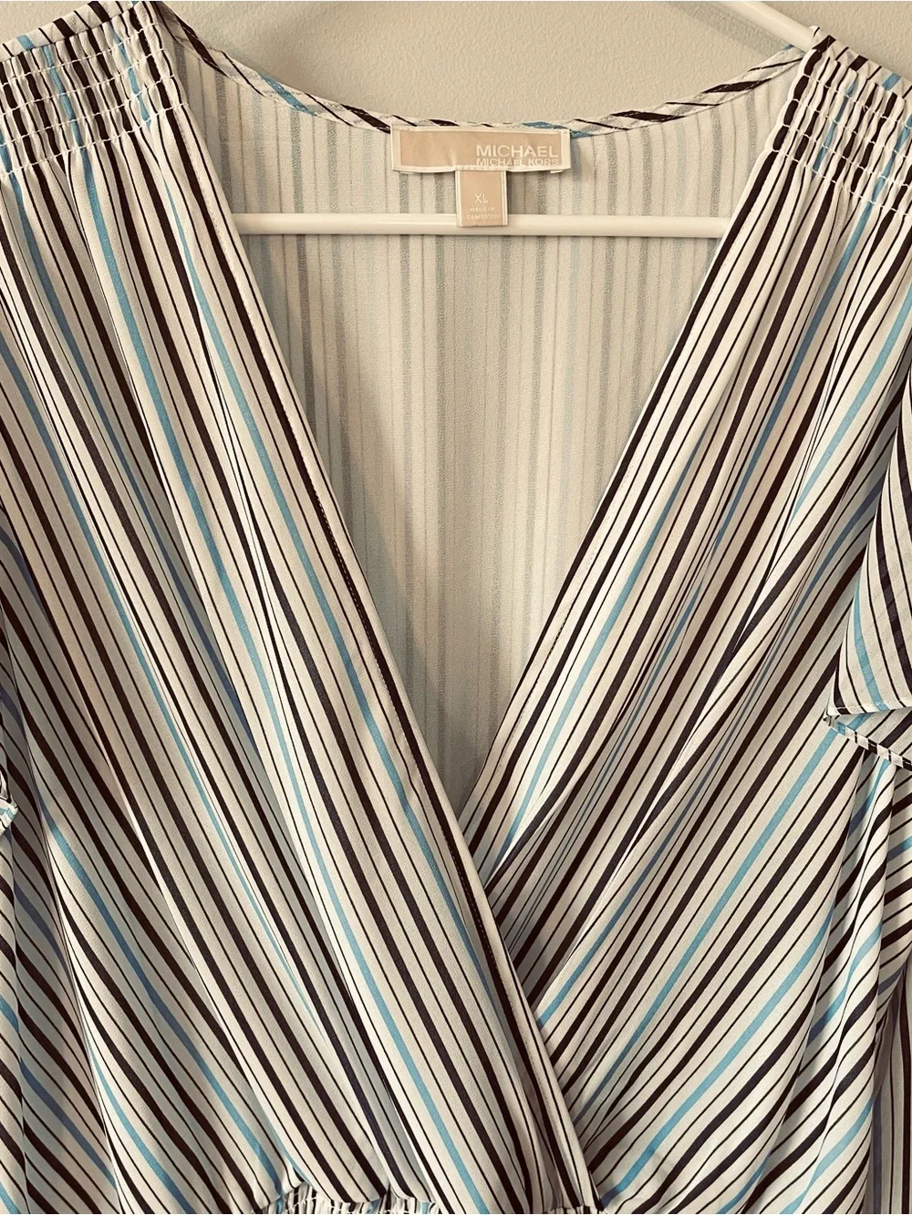 Michael Kors Smocked Wrap Dress Blue White Striped Size XL Flutter Sleeve Party